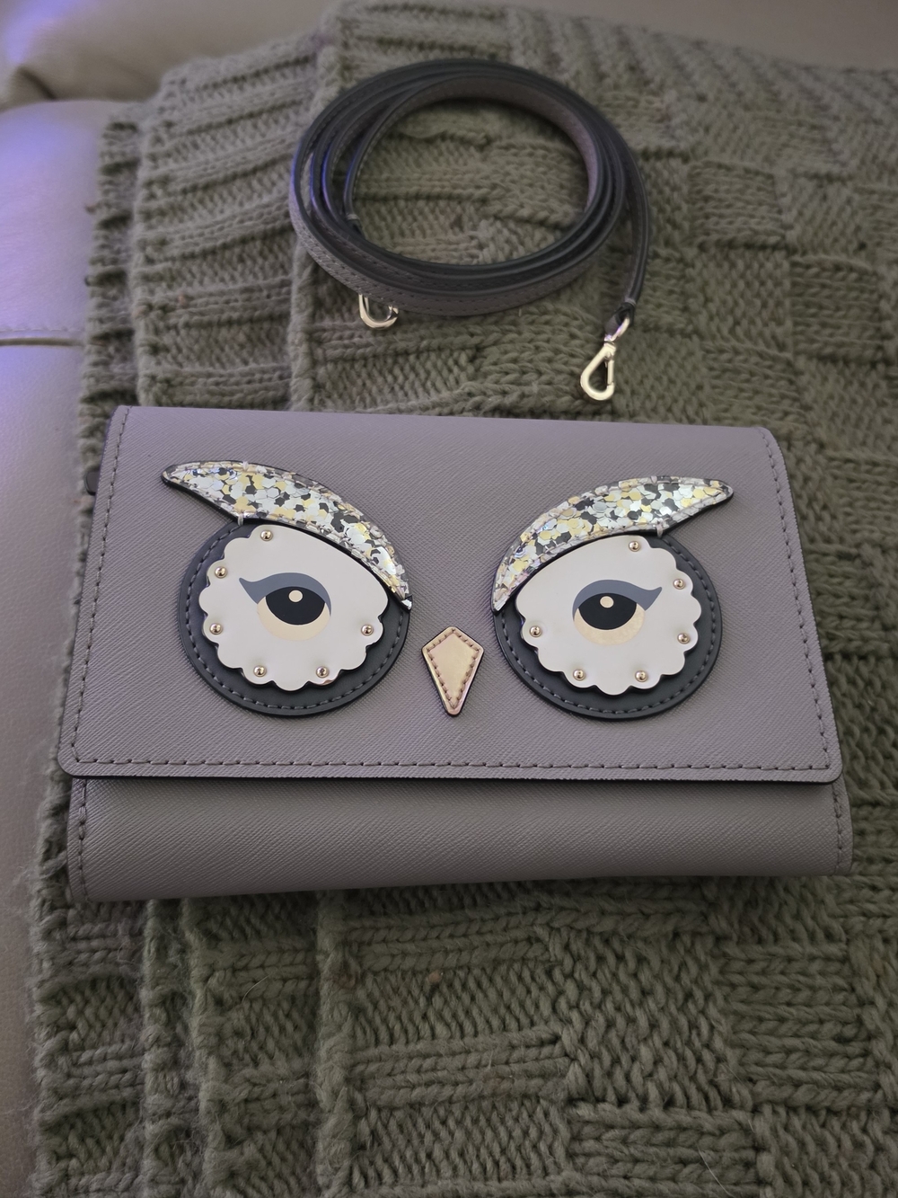 Kate Spade Grey Owl-Appliqué Crossbody Bag. New